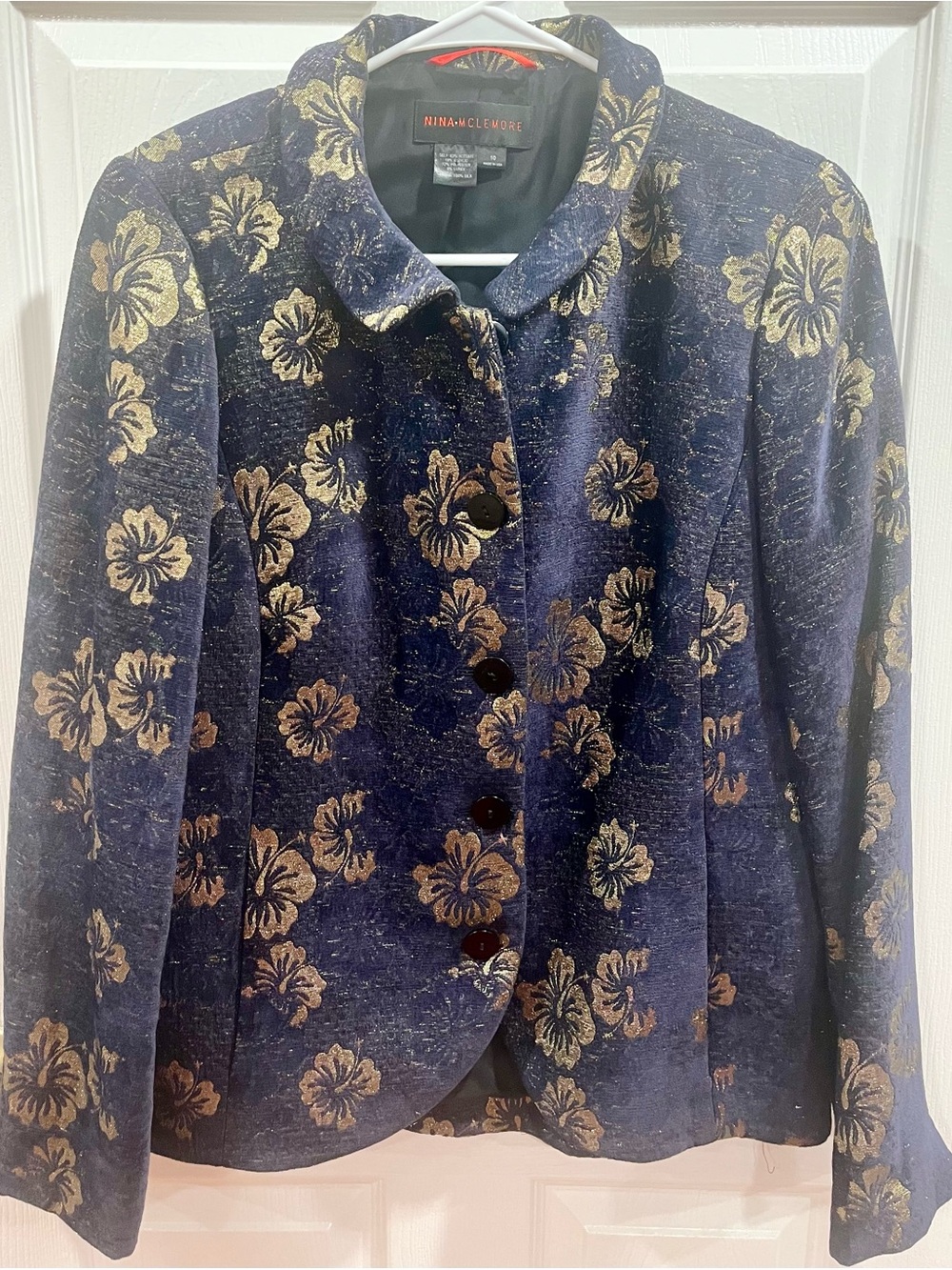 VTG NINA McLEMORE Floral Jacquard Blazer Jacket Navy Gold Metallic Size 10 Suede